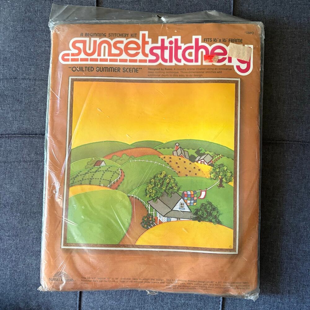 Quilted Summer Scene Vintage Stamped Embroidery Kit by Sunset Stichery - 1970s